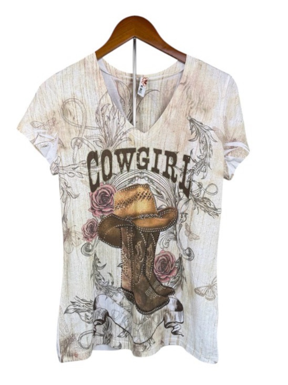 Big Bang Clothing Cowgirl vintage cap sleeve V-neck rhinestone top Size Medium
